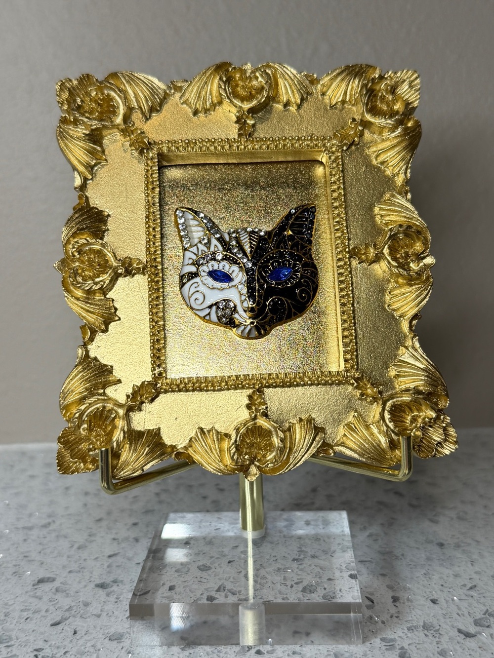 OOAK Whimsical Gothic Cat Mask Framed Jewelry Art - Miniature Baroque Decor - Picture 6 of 6